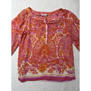 Trina Turk Peonies 4 Button 3/4 Puff Sleeve Linen Blend Hippy Rave Vibe Top SZ M